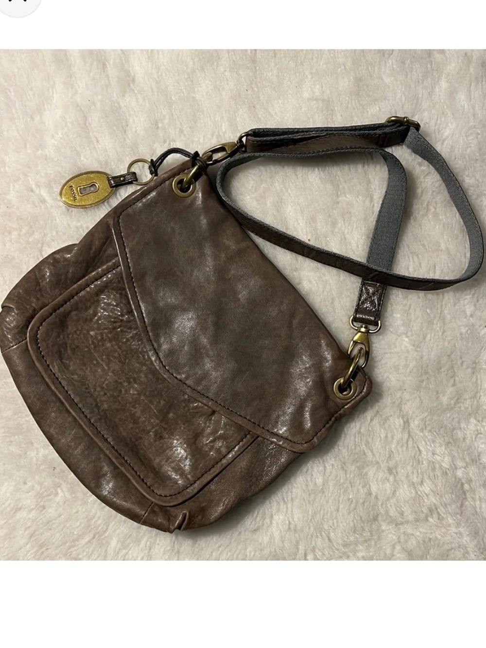 FOSSIL long live vintage grey brown olive distressed flap crossbody bag